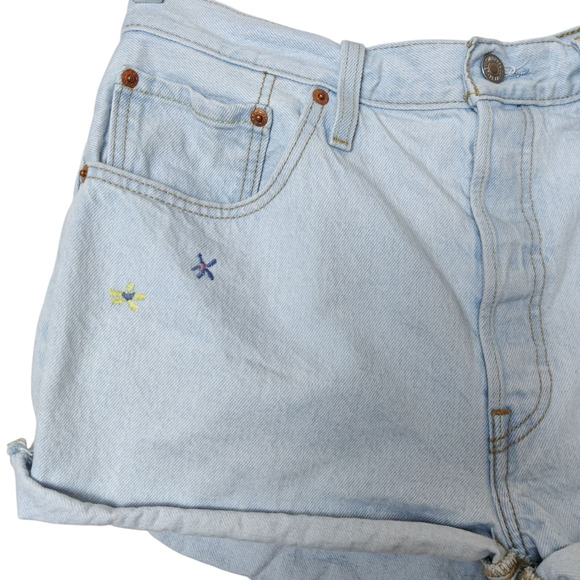 Levi's 501 Floral Embroidered High Rise Button Fly Light Blue Shorts 33 Festival - Picture 3 of 13